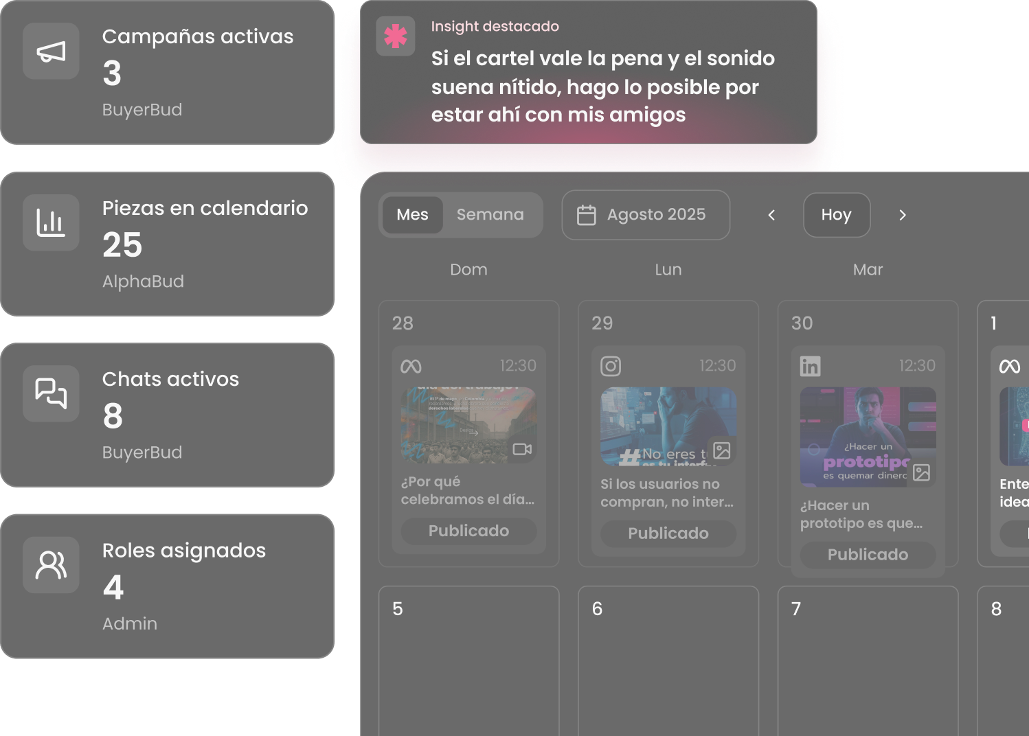 Interfaces de gestión de campañas y calendario de contenido